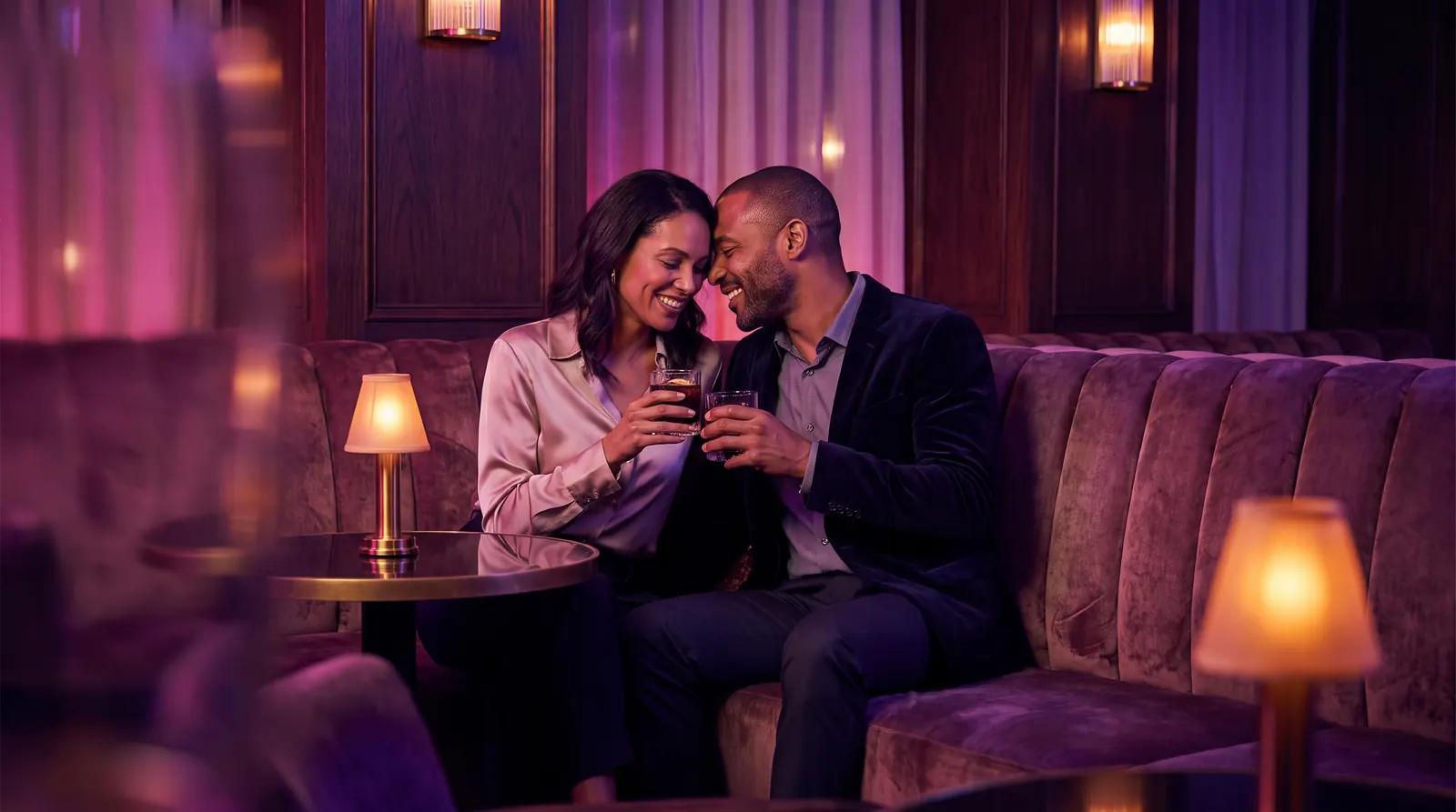 A smiling couple lean close over drinks on a velvet banquette in a softly glowing lounge