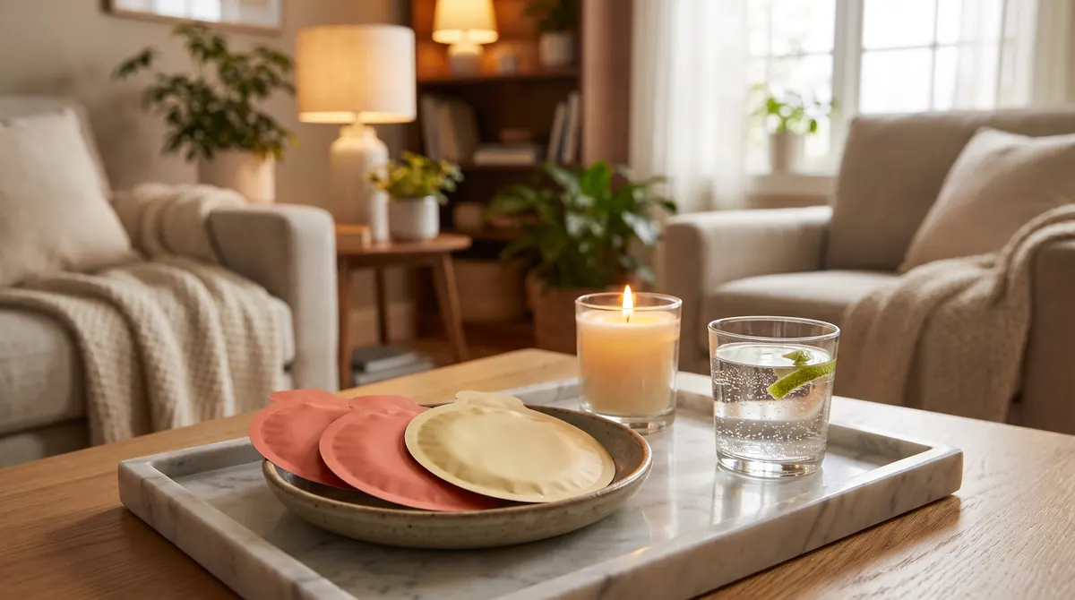 Plain coral and gold foil packets in a ceramic dish beside a candle and sparkling water on a marble tray