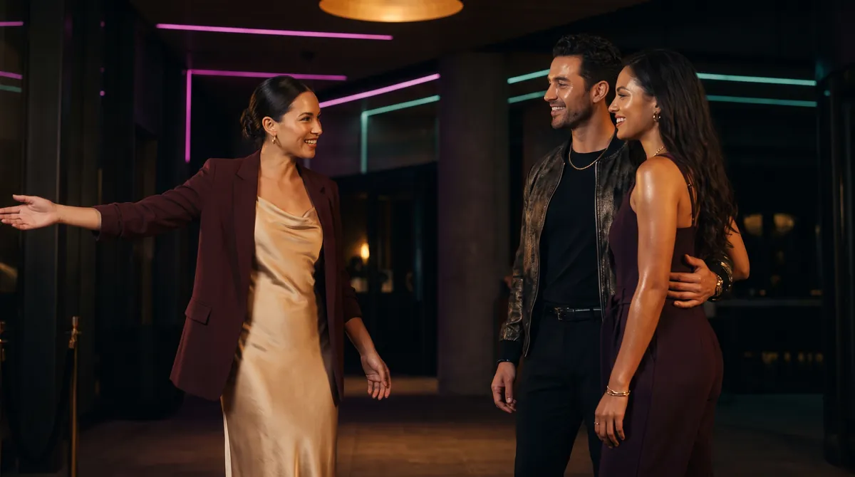 A host gestures a warm welcome to an arriving couple at the entrance of a stylish evening party