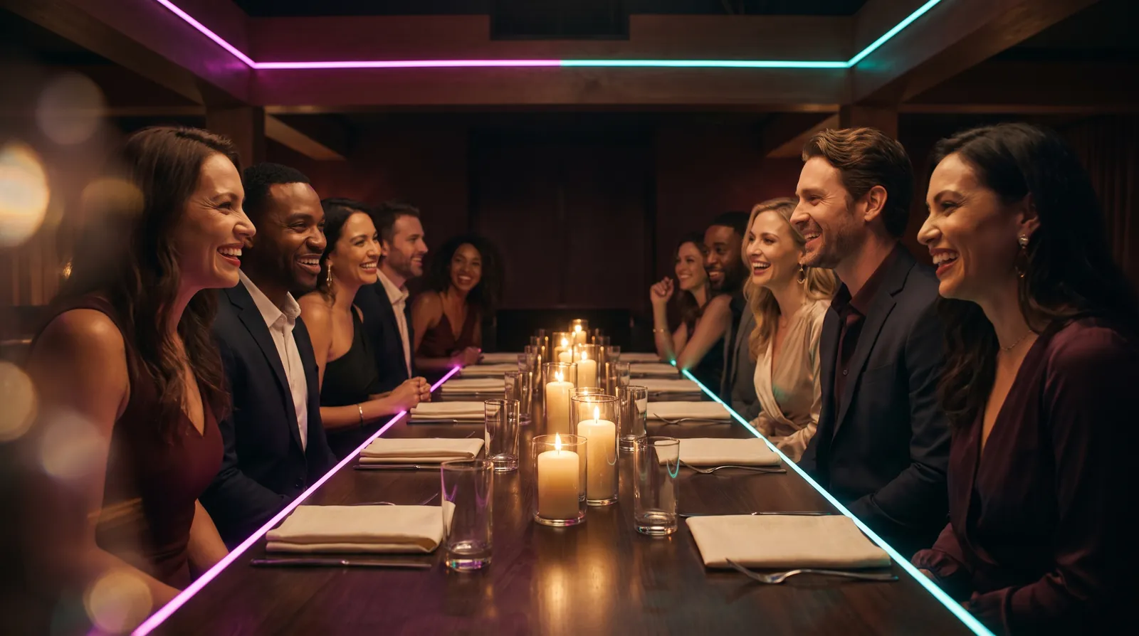 Couples laugh and talk along a long candlelit dinner table with thin neon accents
