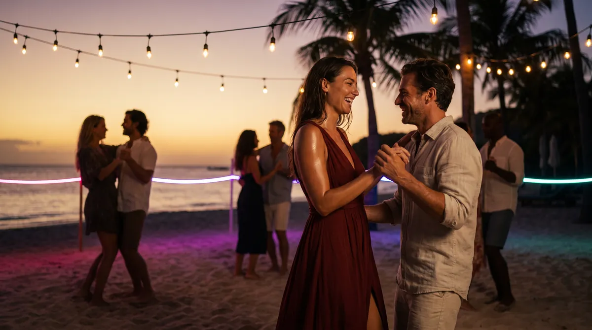 Couples dance barefoot on the sand at a sunset beach party under string lights