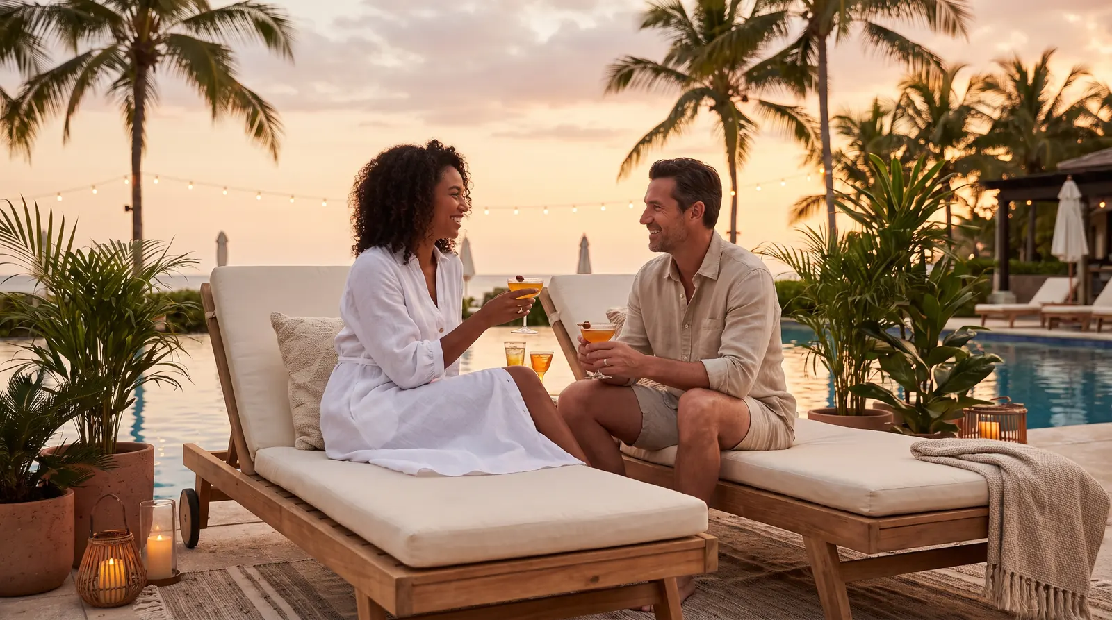 A couple in linen clothes toast with cocktails on poolside loungers at golden dusk