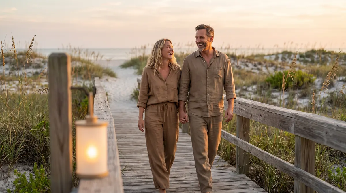 A couple in linen clothes walk hand in hand along a dune boardwalk at sunset