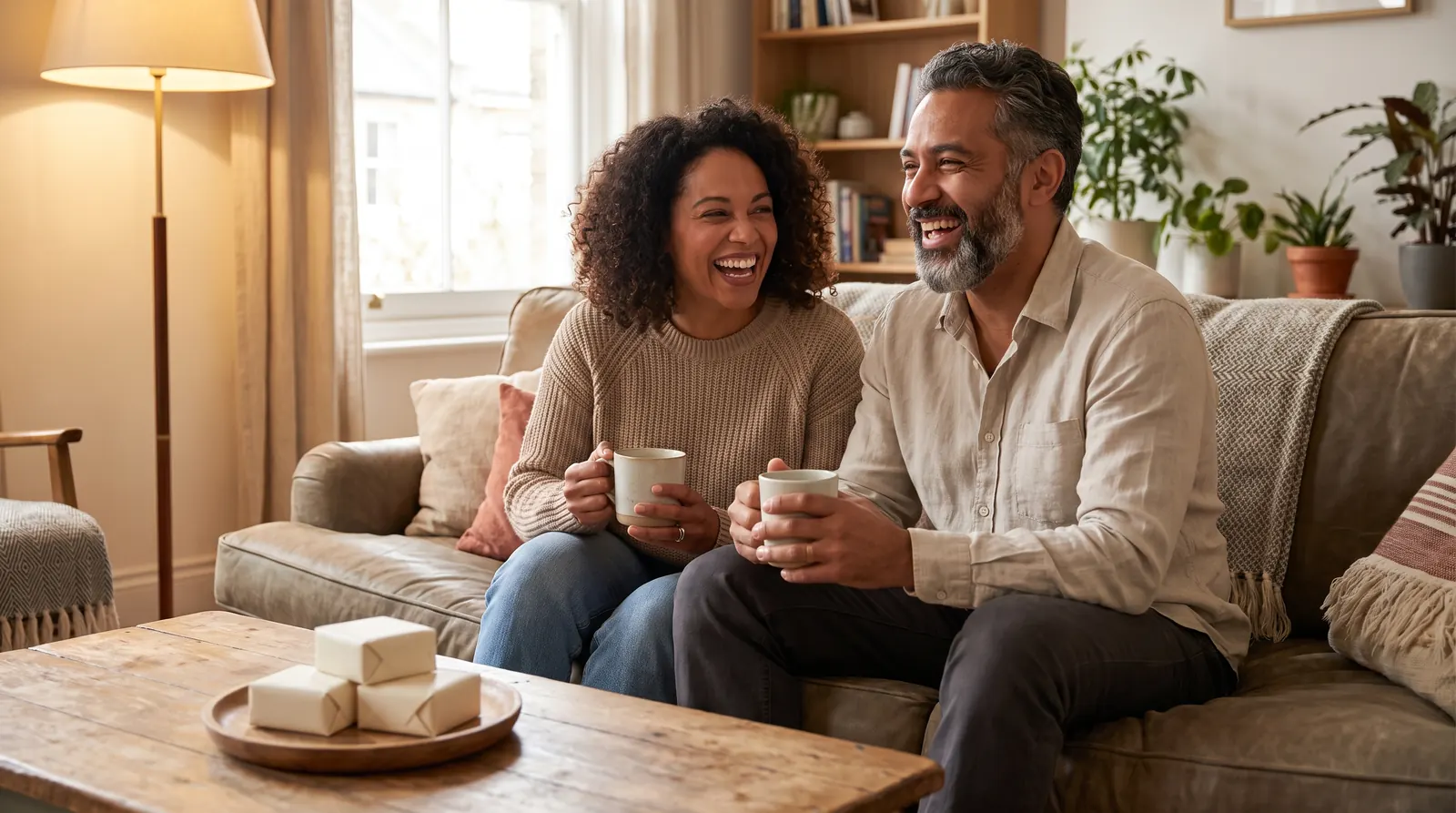 A couple laugh over mugs of tea on a sofa at home, a dish of plain wrapped squares on the coffee table