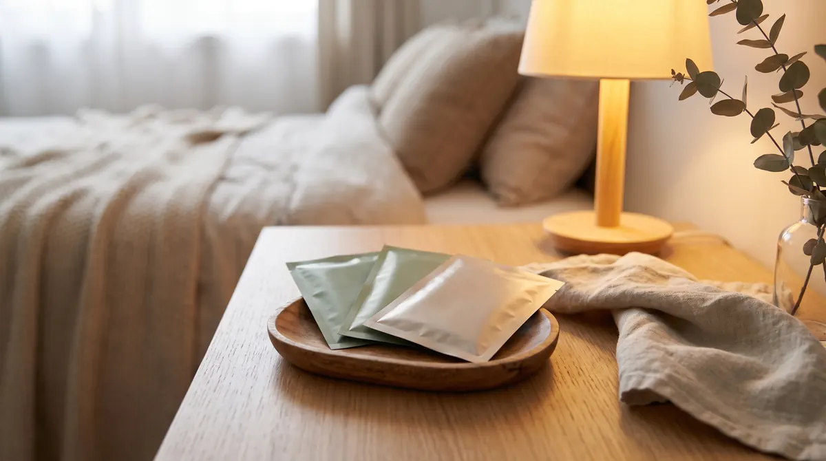 Plain sage and champagne foil packets in a wooden dish on a bedside table beside a warm lamp