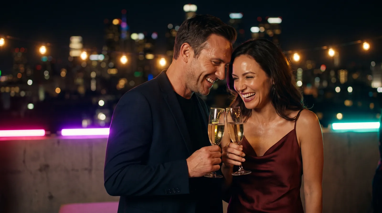 A laughing couple toast with champagne at a rooftop party, city lights glowing behind them