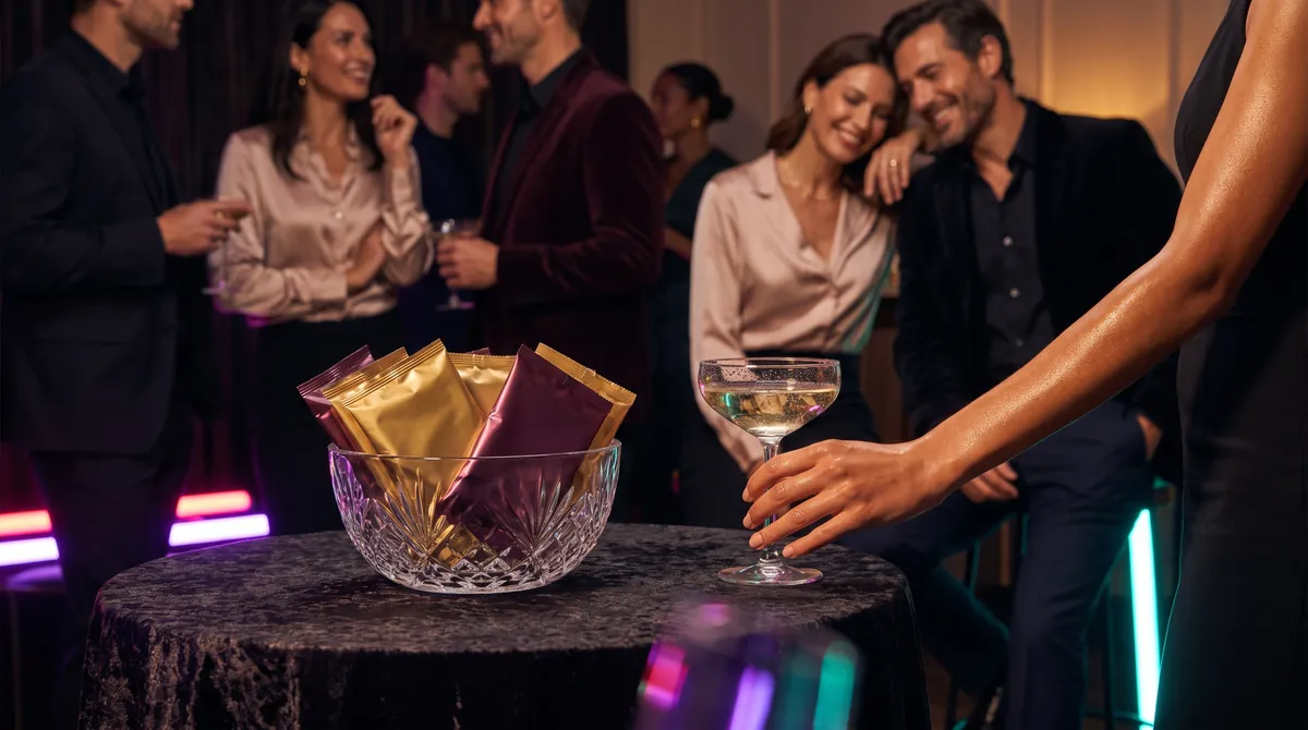 Plain gold and plum foil packets in a crystal bowl beside a champagne coupe at a lively party