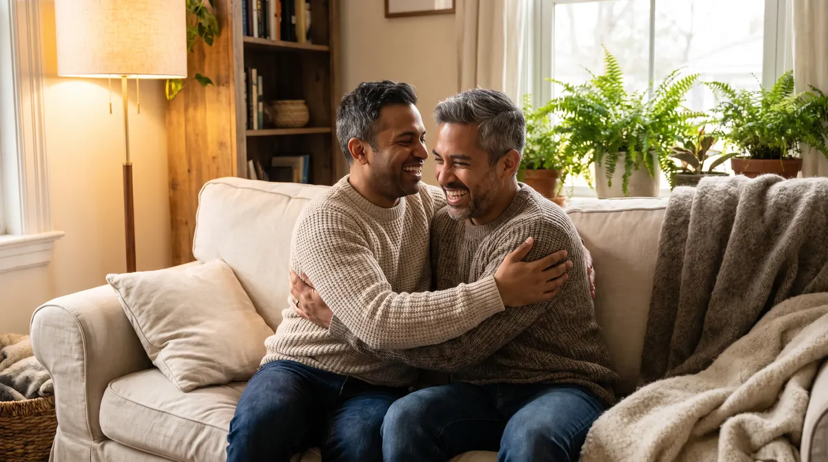 Two men in soft sweaters embrace and laugh on a cozy sofa at home in warm lamplight