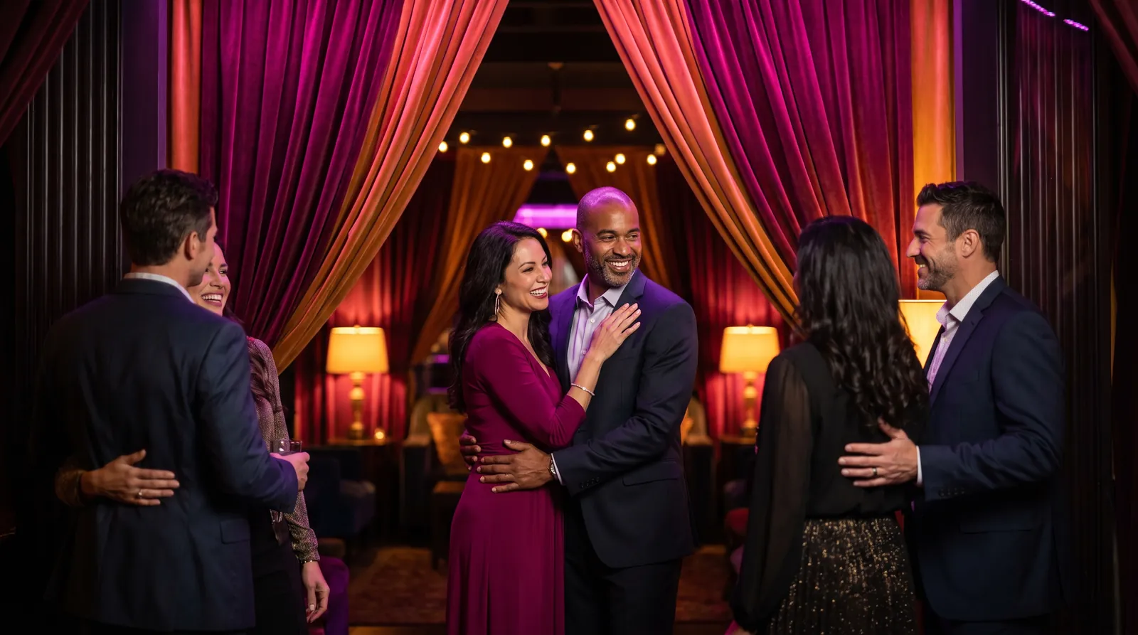 A host couple hug arriving guests at a velvet-curtained lounge entrance