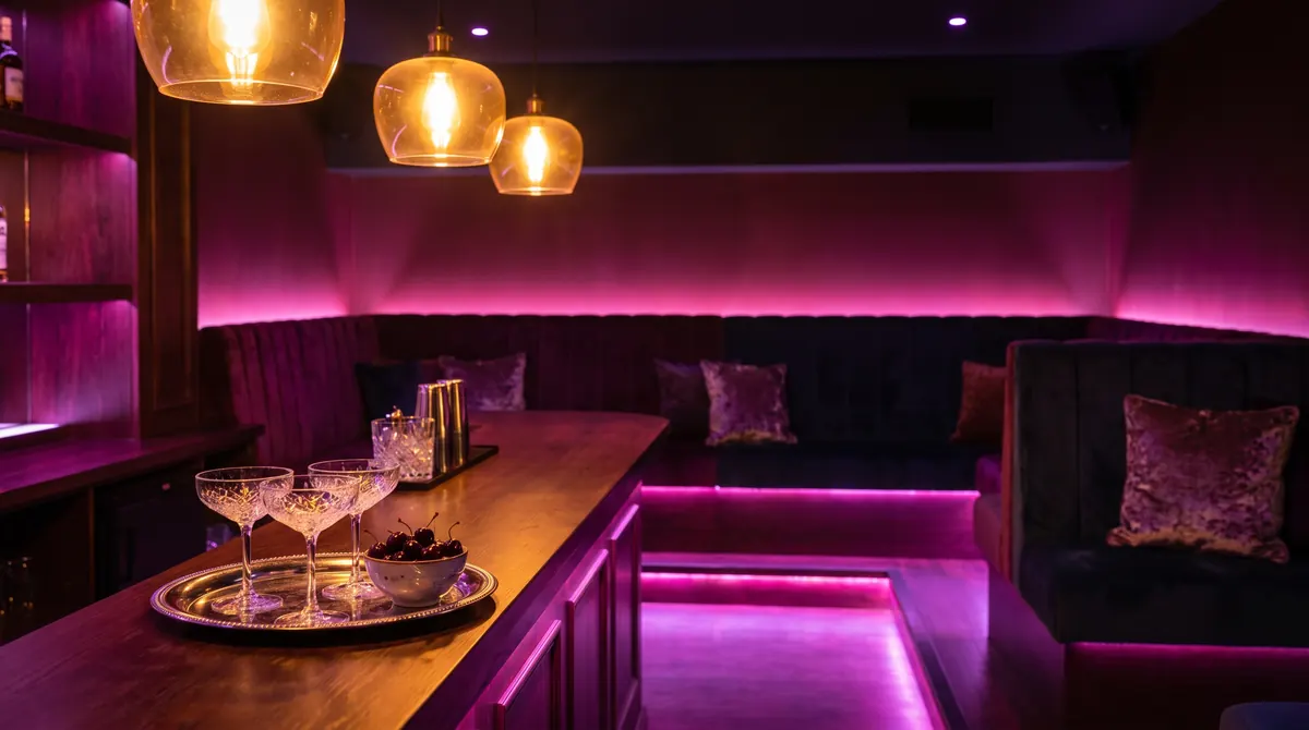 Champagne coupes and a bowl of cherries on a polished bar in an empty velvet lounge