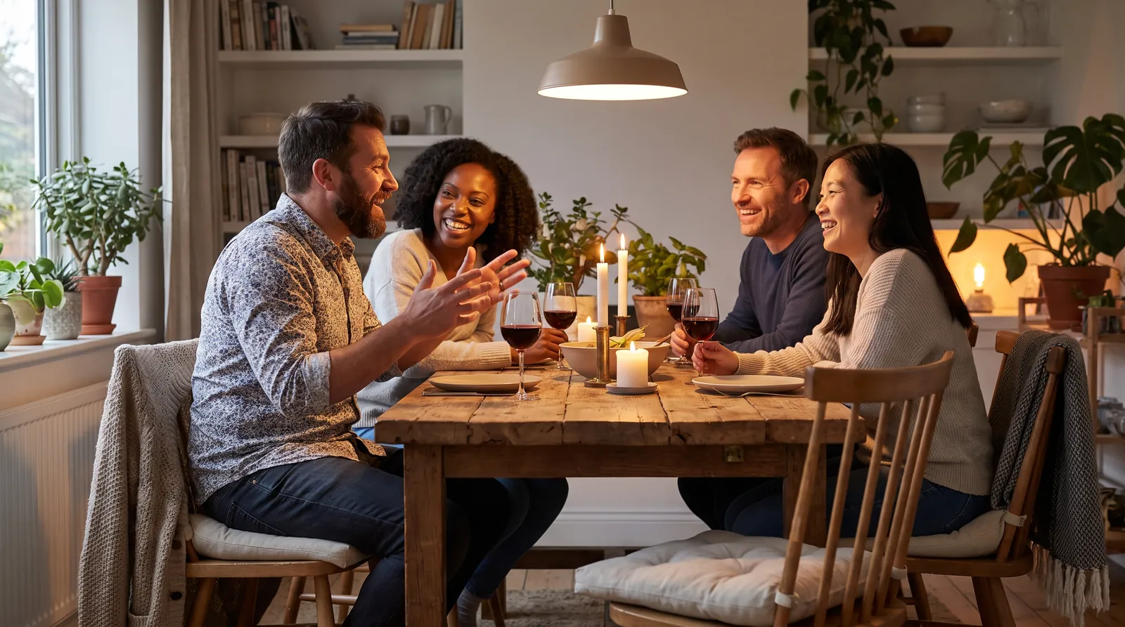 Two couples listen and laugh around a candlelit dinner table at home