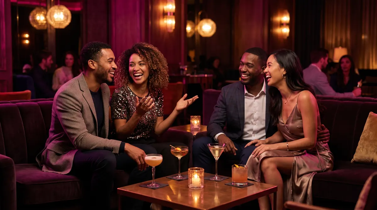 Two couples share a laugh over cocktails on velvet sofas as one woman tells a story
