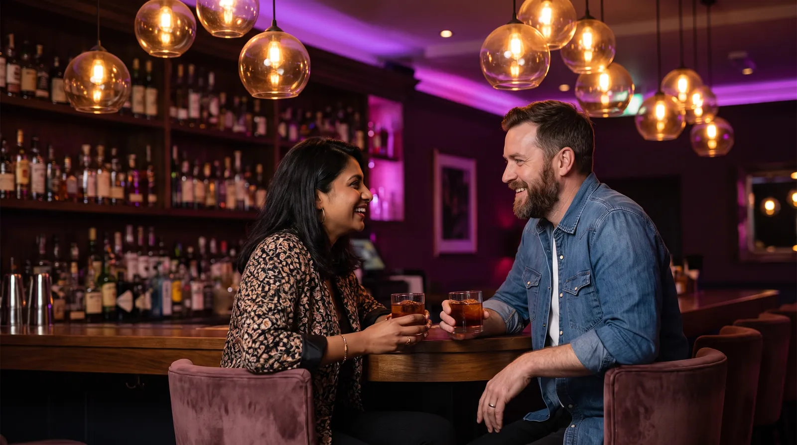 A couple face each other over drinks at a dim cocktail bar under amber pendant lights