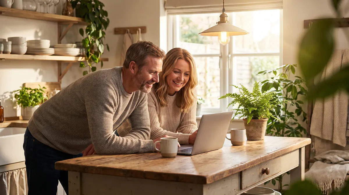 A couple lean over a laptop at a sunlit kitchen counter, comparing options together