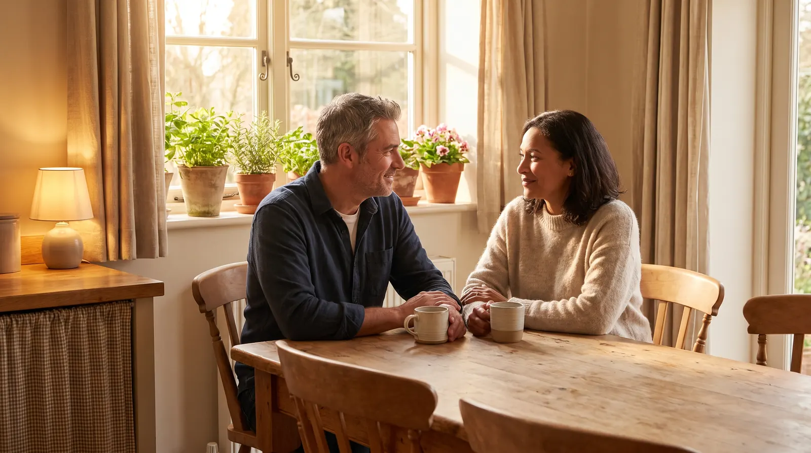 A couple talk calmly over coffee at a wooden kitchen table in morning light, hands close together