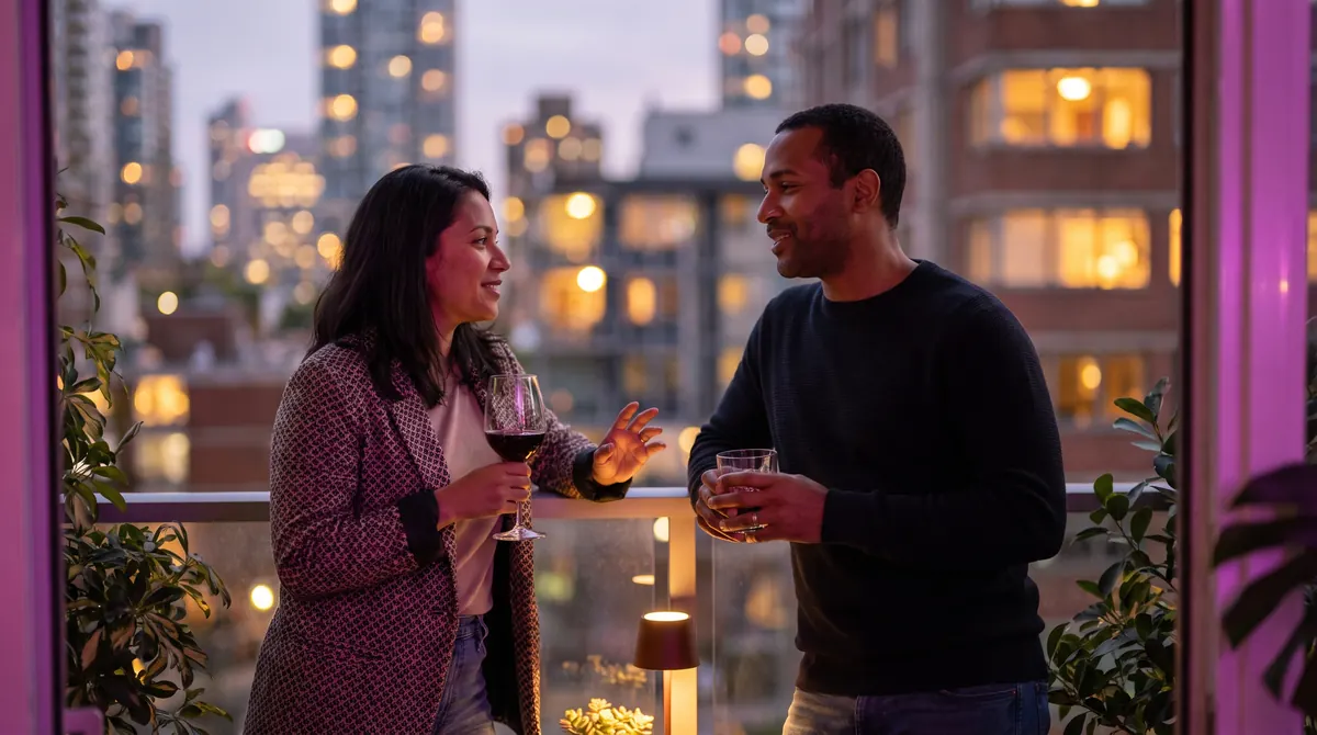 Two adults talk warmly with drinks on a dusk balcony, city lights glowing behind them