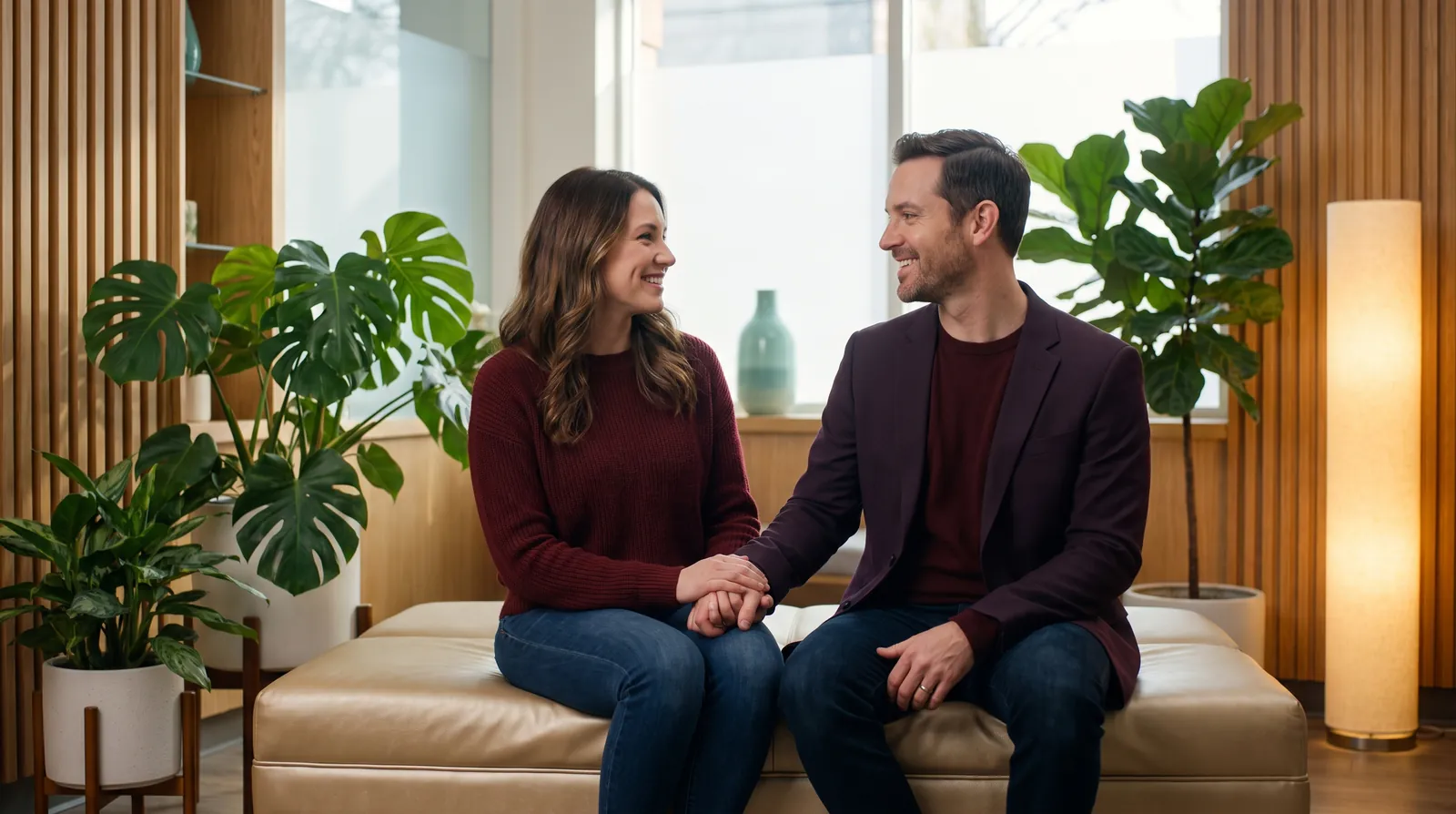 A couple hold hands and smile at each other in a calm, plant-filled waiting room with warm wood