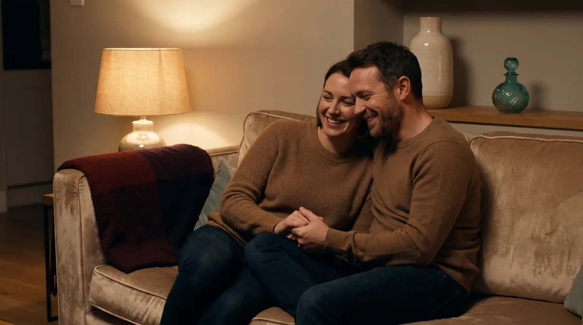 A couple lean together on a sofa in warm lamplight, smiling with relief and holding hands