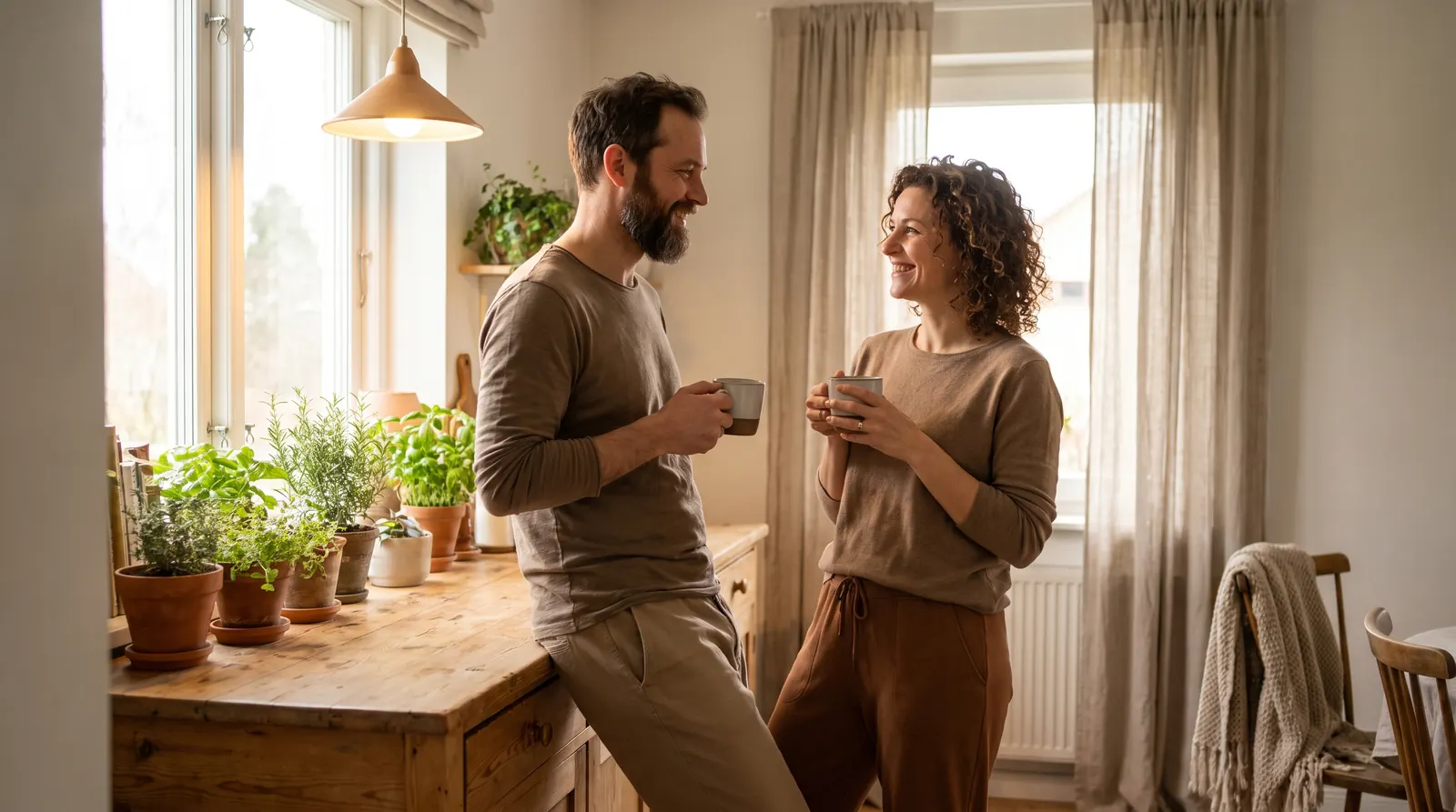 A couple smile at each other over mugs at a sunlit kitchen counter lined with herb plants