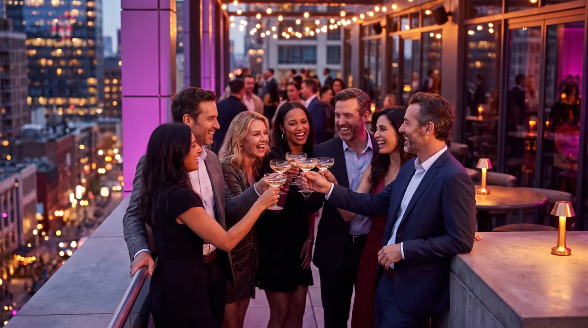 A group of friends raise champagne coupes and laugh on a rooftop at dusk with city lights behind
