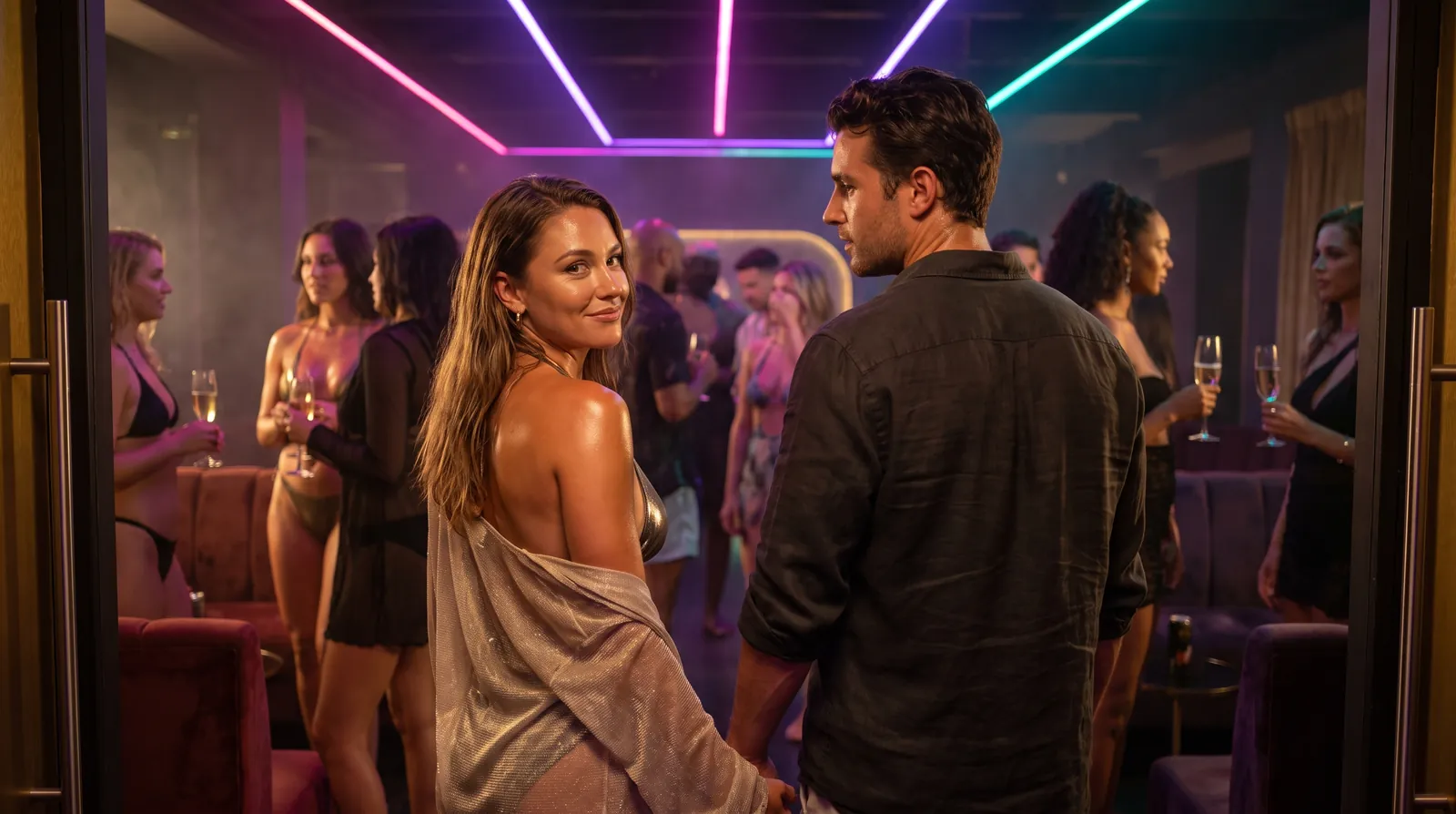 A couple arrives hand in hand at a glowing lifestyle party, trading a reassuring glance