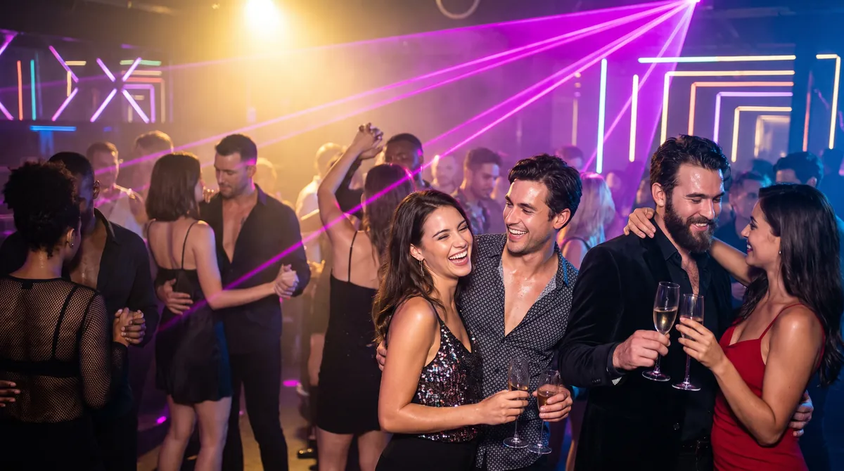 Couples dance and toast under ultraviolet lasers as a newly arrived couple is welcomed