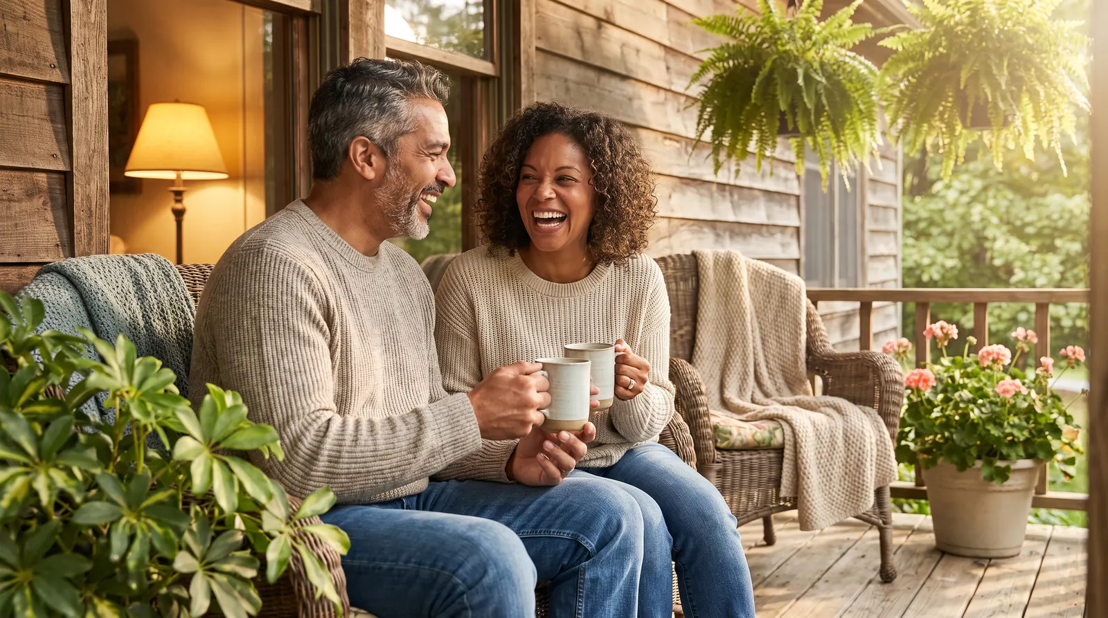 A couple laugh over coffee mugs on a sunlit porch among plants and warm wood