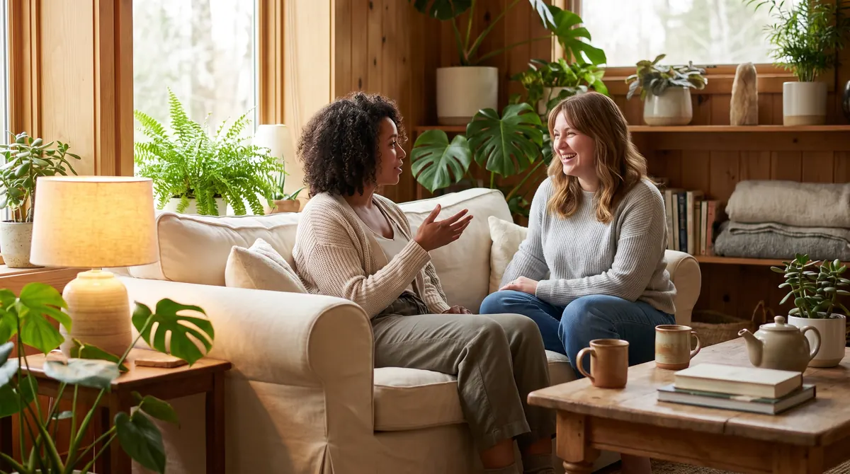 Two friends talk and smile on a cream sofa in a calm, plant-filled wood-paneled room