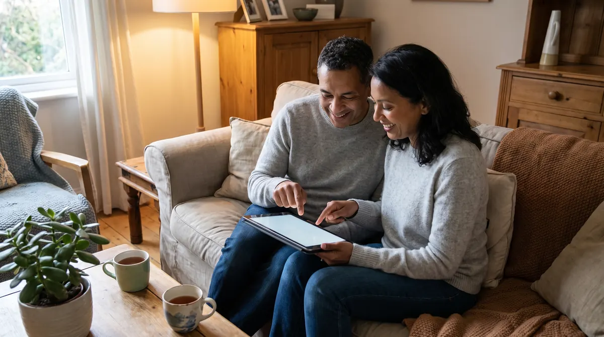 A couple smile over a shared tablet on a sofa with mugs of tea beside them