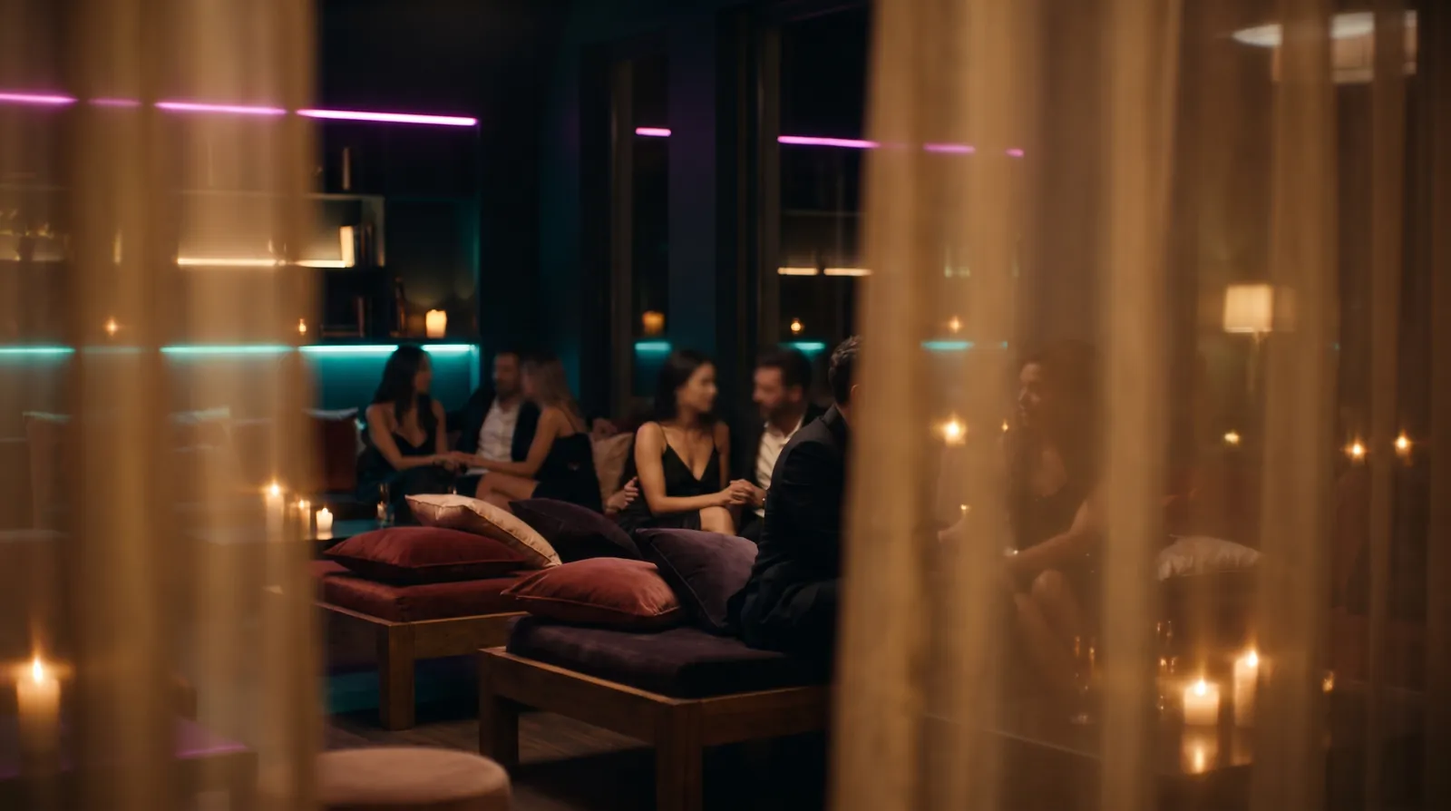 Fully dressed couples sit close on cushions in a candlelit lounge, seen softly through sheer curtains