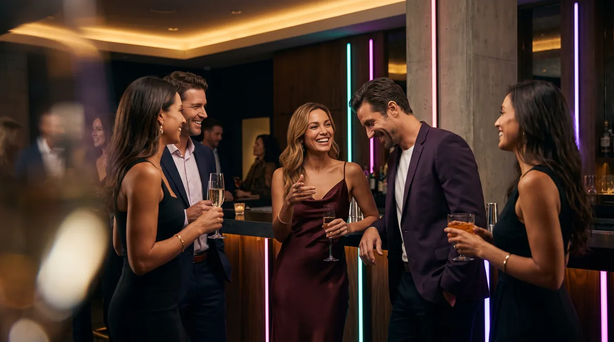 Guests laugh and chat with drinks at a stylish bar lit by thin neon strips