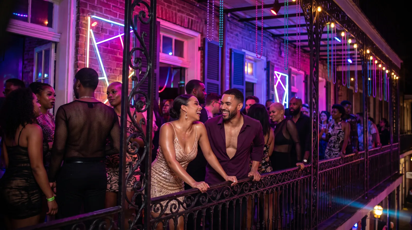 Illustrative scene: couples mingle on a French Quarter-style balcony glowing with neon at night