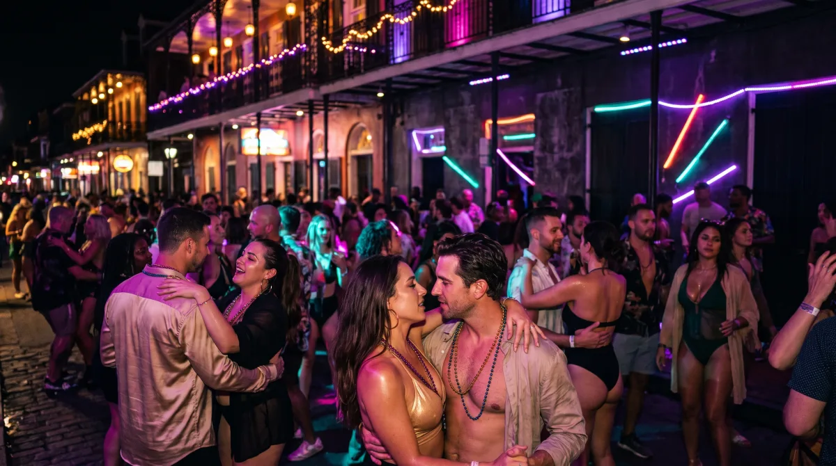 Illustrative scene: a crowd of couples dances beneath a glowing balcony on a French Quarter-style street