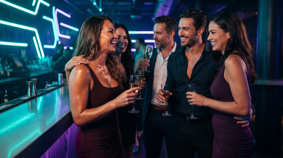 A single woman laughs with a warm group of couples at a glow-lit club bar
